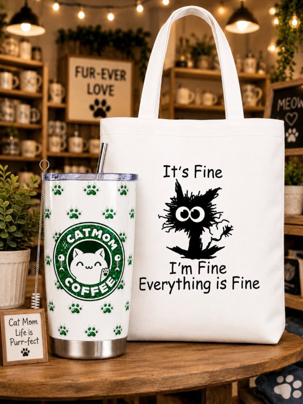 Tumbler Cup - Canvas Tote Bag Gift Set - Cat Mom - Mental Health - I'm Fine - Picture 9 of 9
